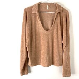Hello Nite Neutral Plush Scoop Neck Long Sleeve Top Collared Drop Shoulder Cozy